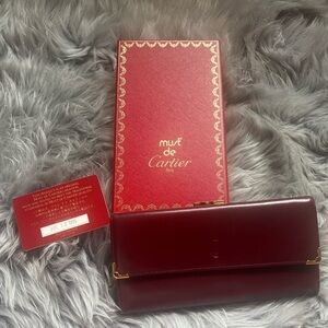 VGUC Bordeaux Red Leather Cartier Mastrin Long Wallet w 24k gld plt and full set